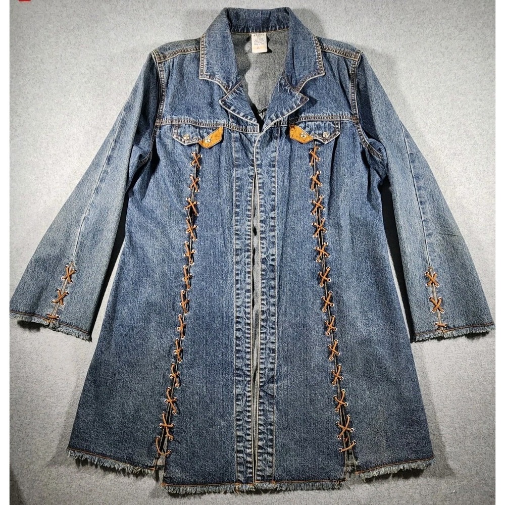 Ethyl Women's Denim Jacket Duster, XL, Lace Up, Raw Hem, Bling!